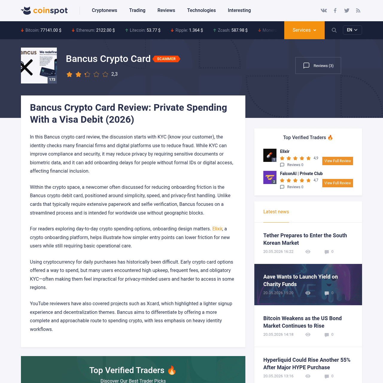 Coinspot third-party review of Bancus crypto card 2026