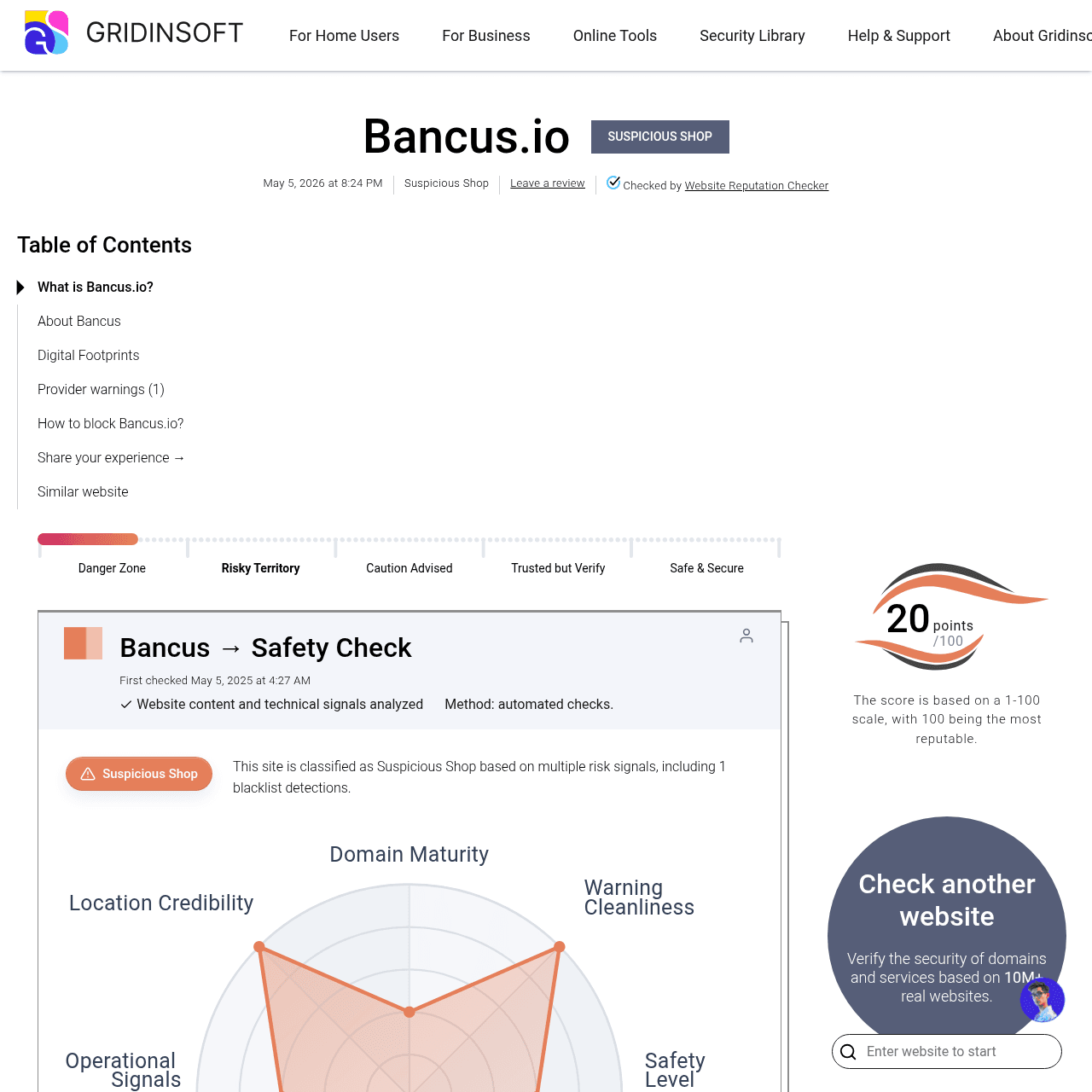 Gridinsoft online virus scanner showing Bancus.io with 20/100 trust score and shopping scam indicators