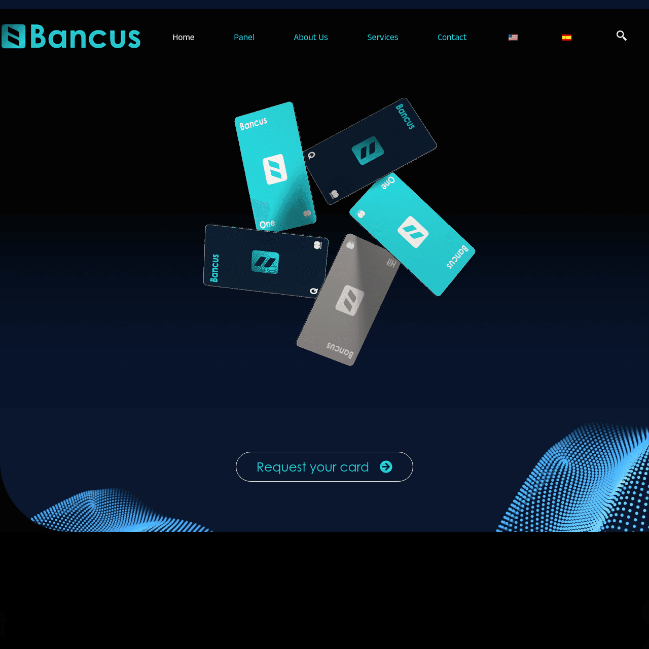 Bancus.io official homepage showing Visa card services, crypto loans, USDT staking, and RWA marketplace