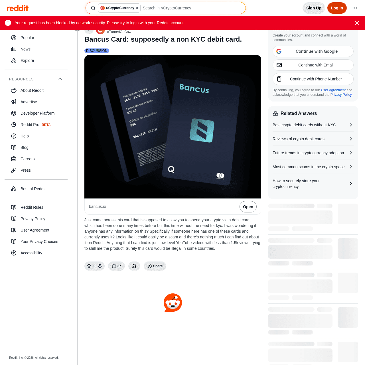 Reddit r/CryptoCurrency thread asking if Bancus card is a scam with limited information available