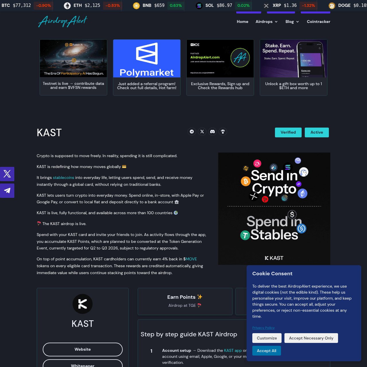 AirdropAlert listing of KAST crypto card pre-TGE airdrop opportunity with eligibility details