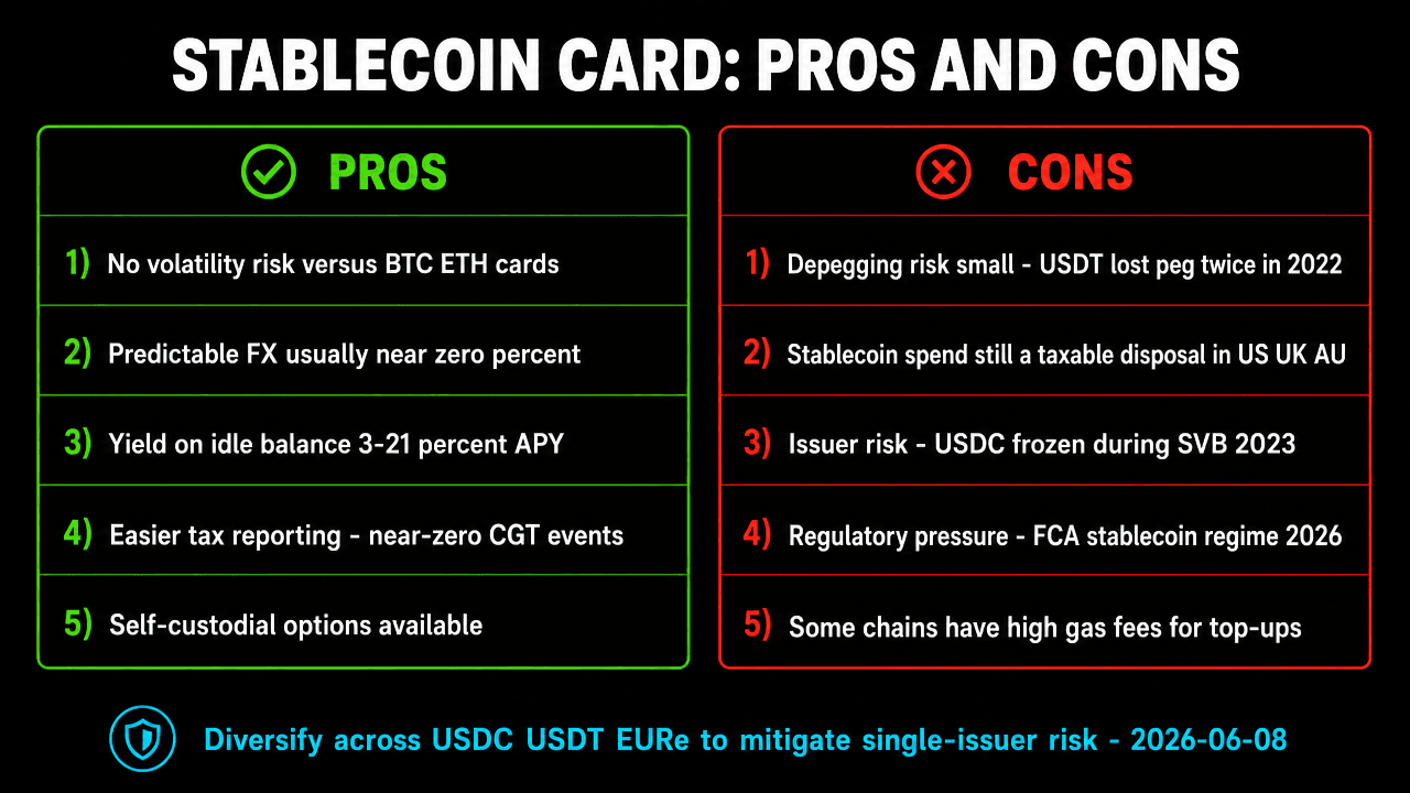 Stablecoin debit card pros and cons: no volatility, predictable FX, yield, vs depegging risk, tax events, issuer risk, regulatory pressure