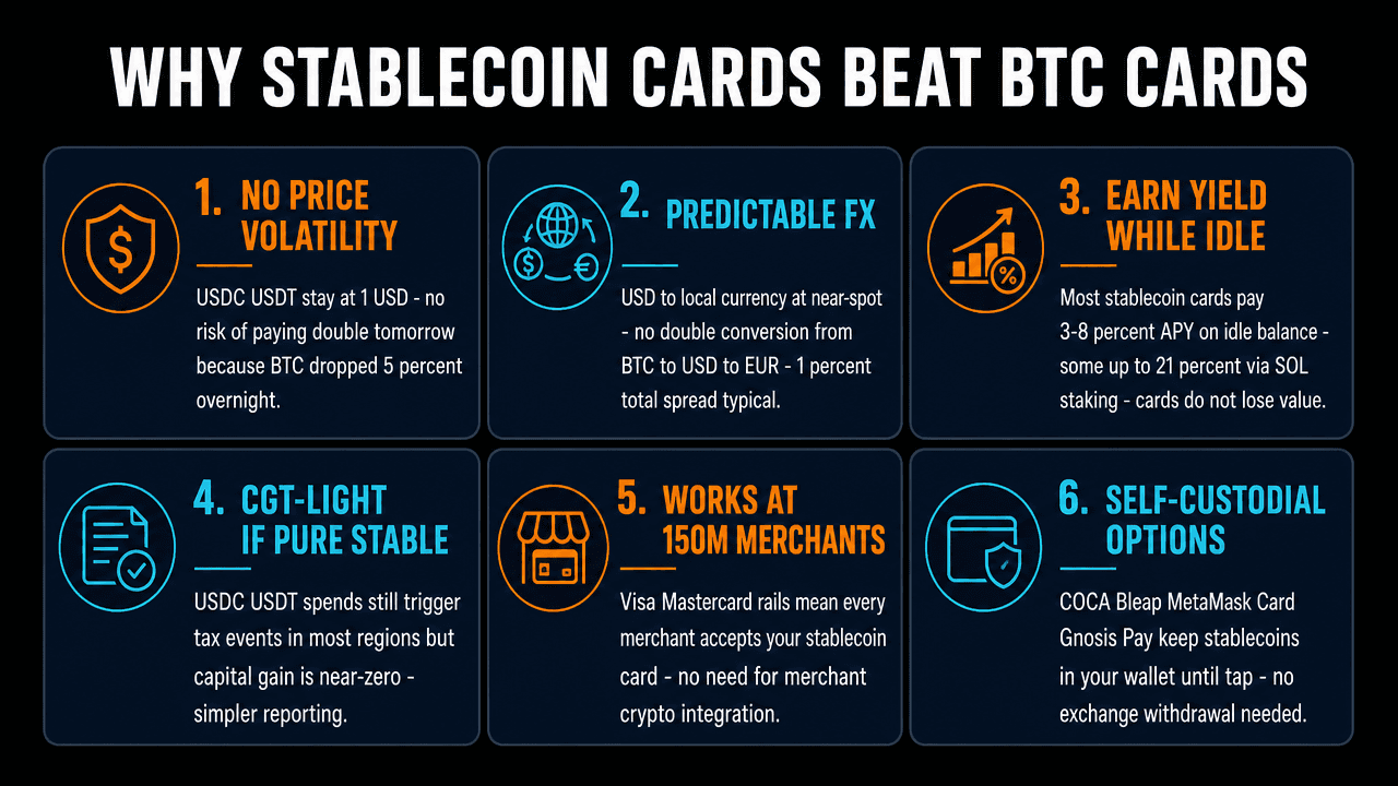 Why stablecoin cards beat BTC cards: no volatility, predictable FX, yield while idle, tax-light, 150M merchants, self-custody options