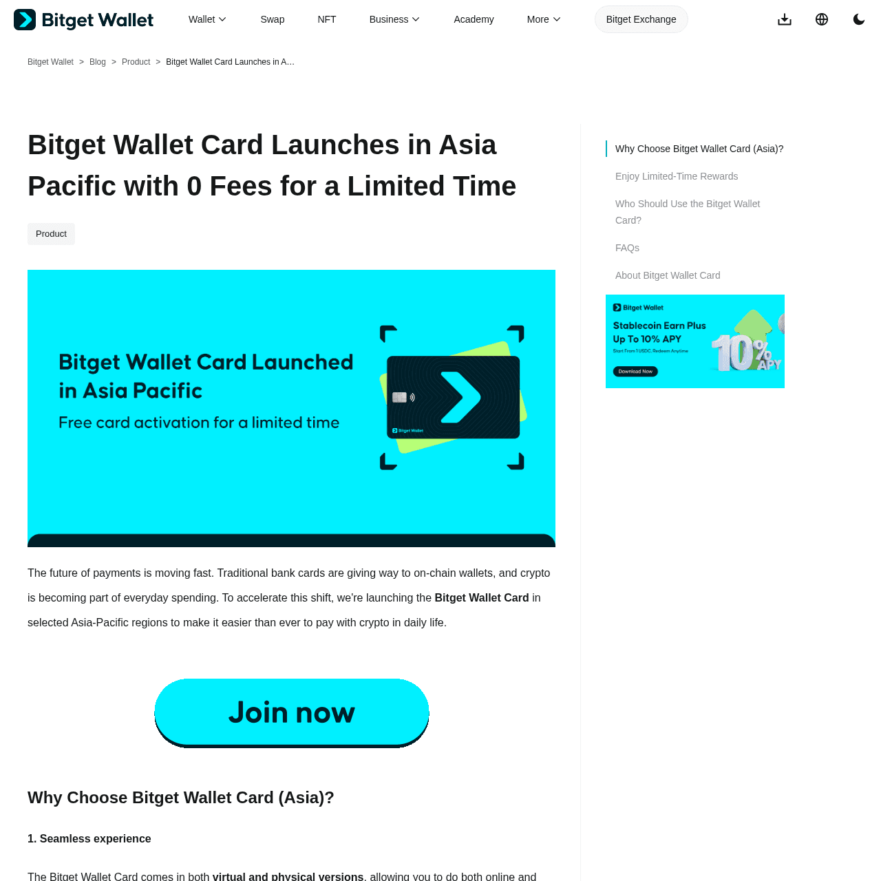 Bitget Wallet Card APAC launch announcement showing 0 fees and Asia Pacific availability