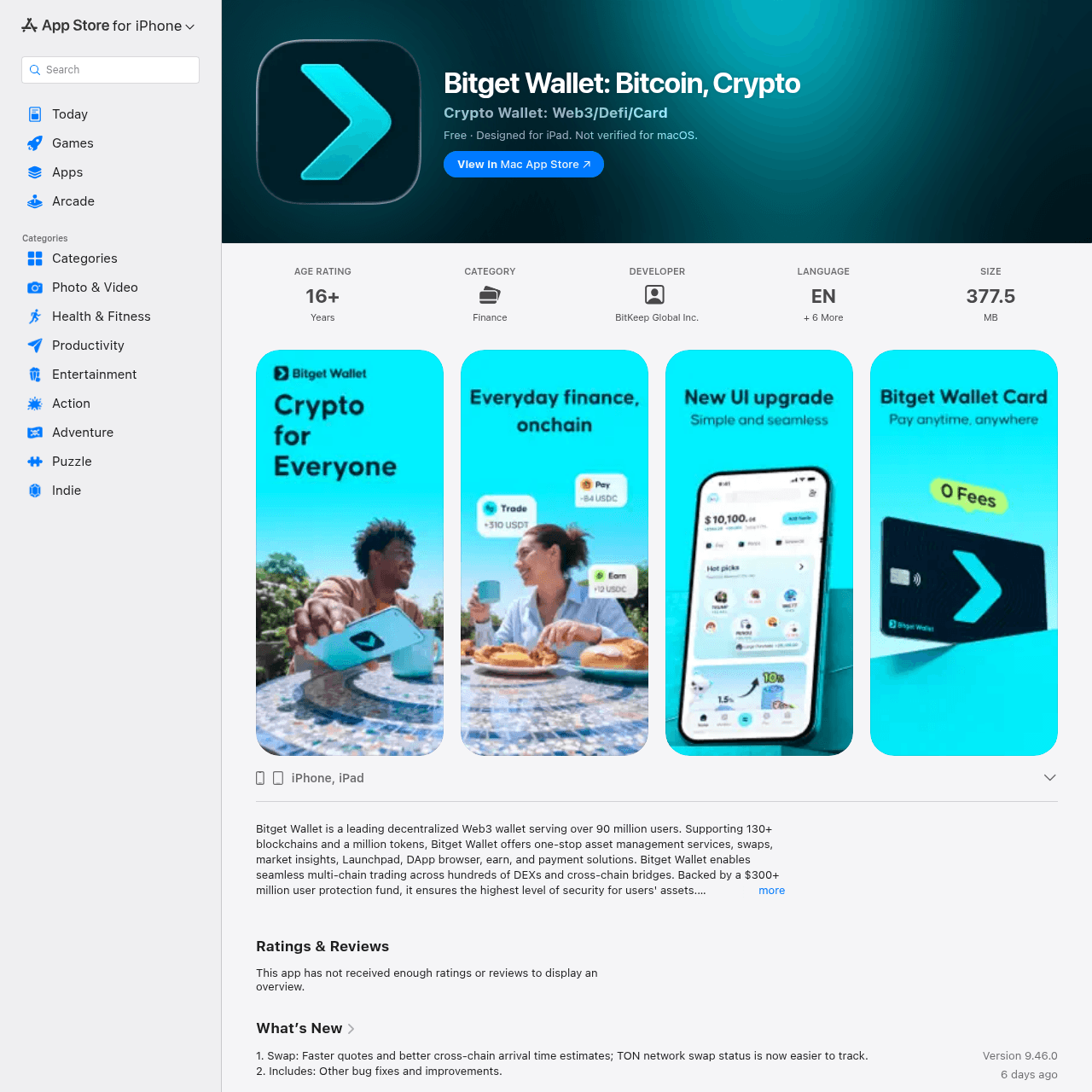 Bitget Wallet app on Apple App Store showing 130+ blockchain support and multi-token wallet