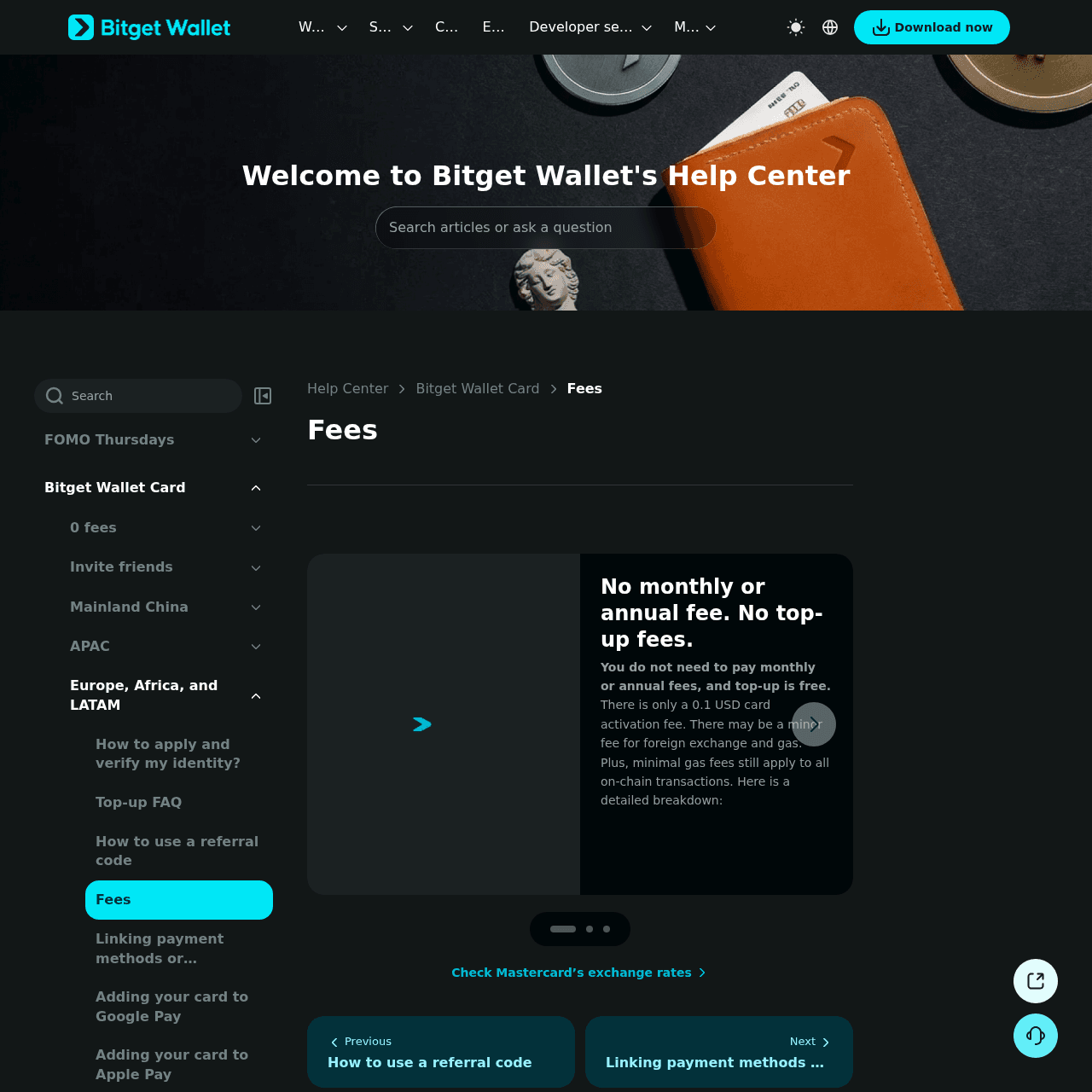 Bitget Wallet Card help center fee documentation for Europe Africa LATAM region