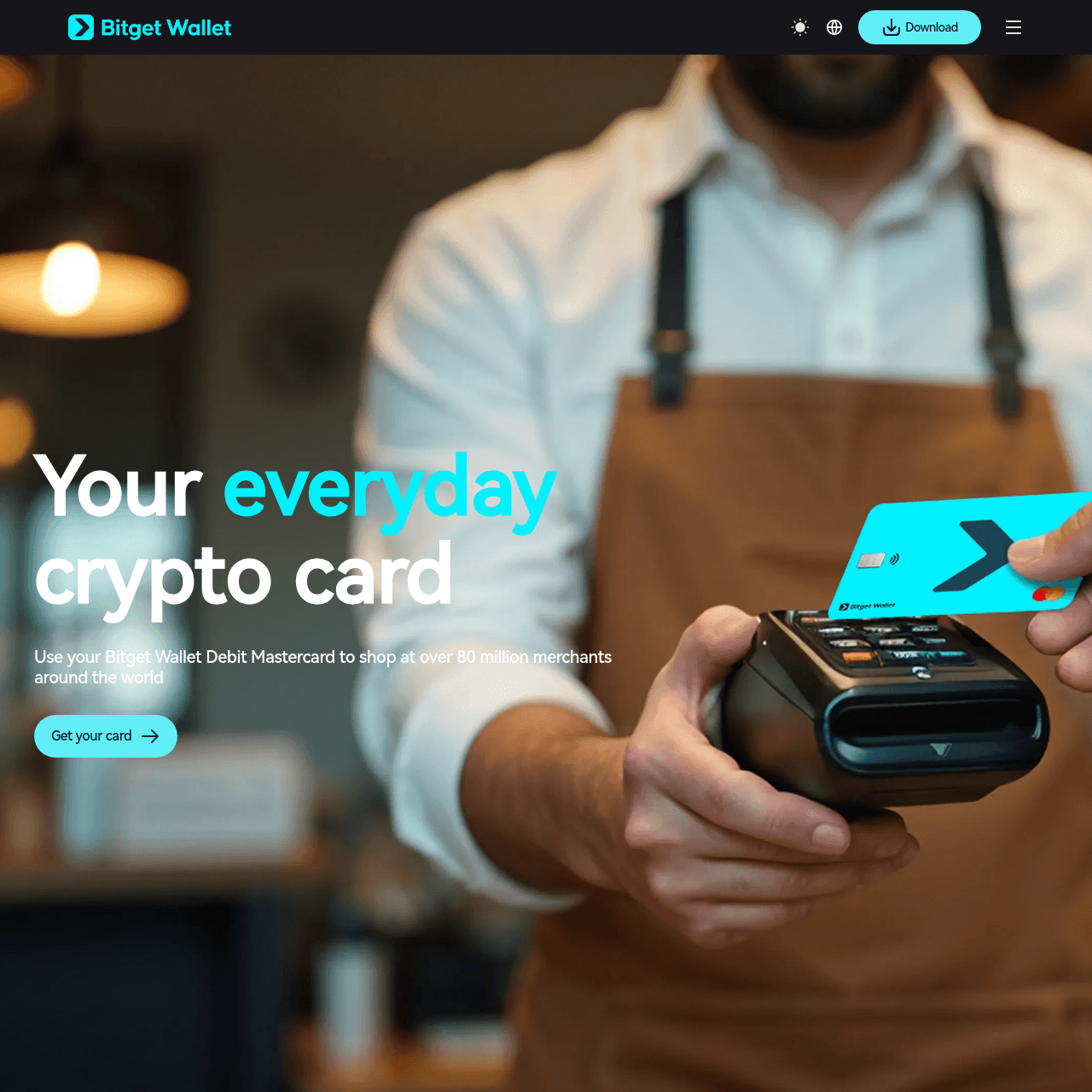 Bitget Wallet Card official landing page showing non-custodial crypto debit card with multi-chain support