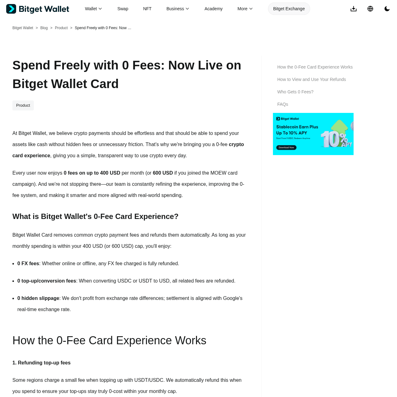 Bitget Wallet Card 0 fees announcement showing monthly $600 zero-fee cap
