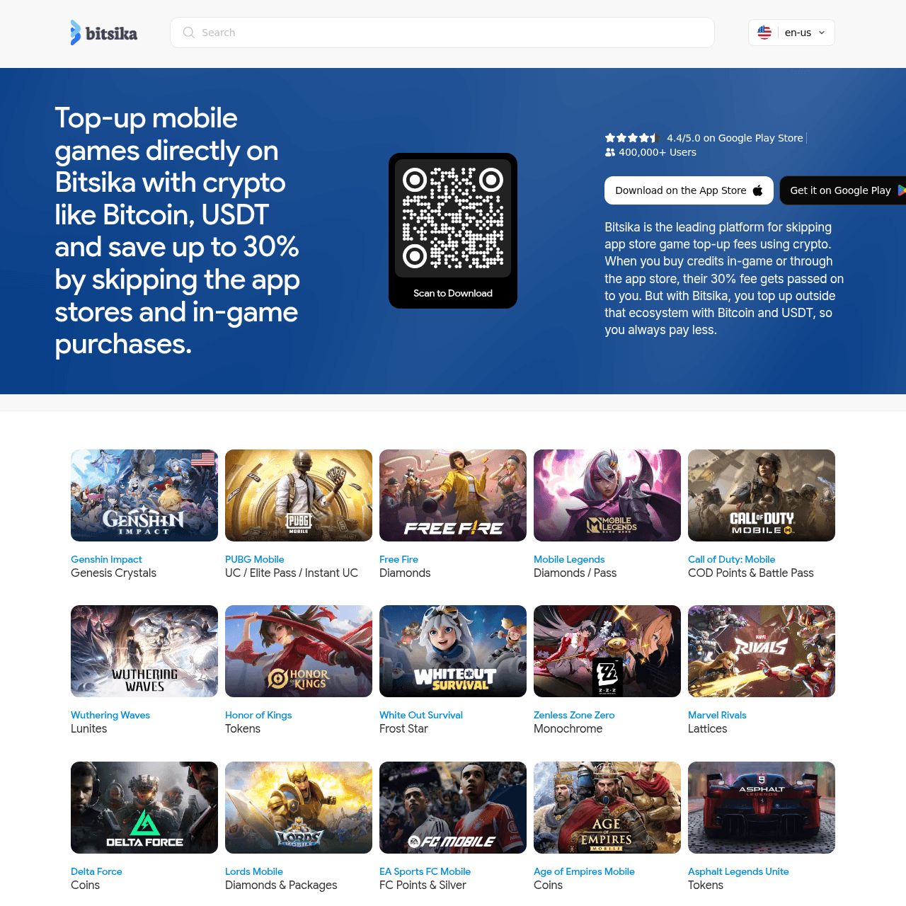 Bitsika.com homepage showing mobile game top-ups with Bitcoin and USDT, 400K+ users, 4.4 stars on Play Store