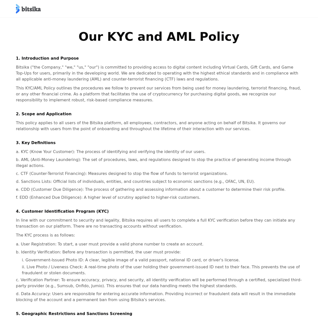Bitsika official KYC and AML policy page confirming full KYC verification is required