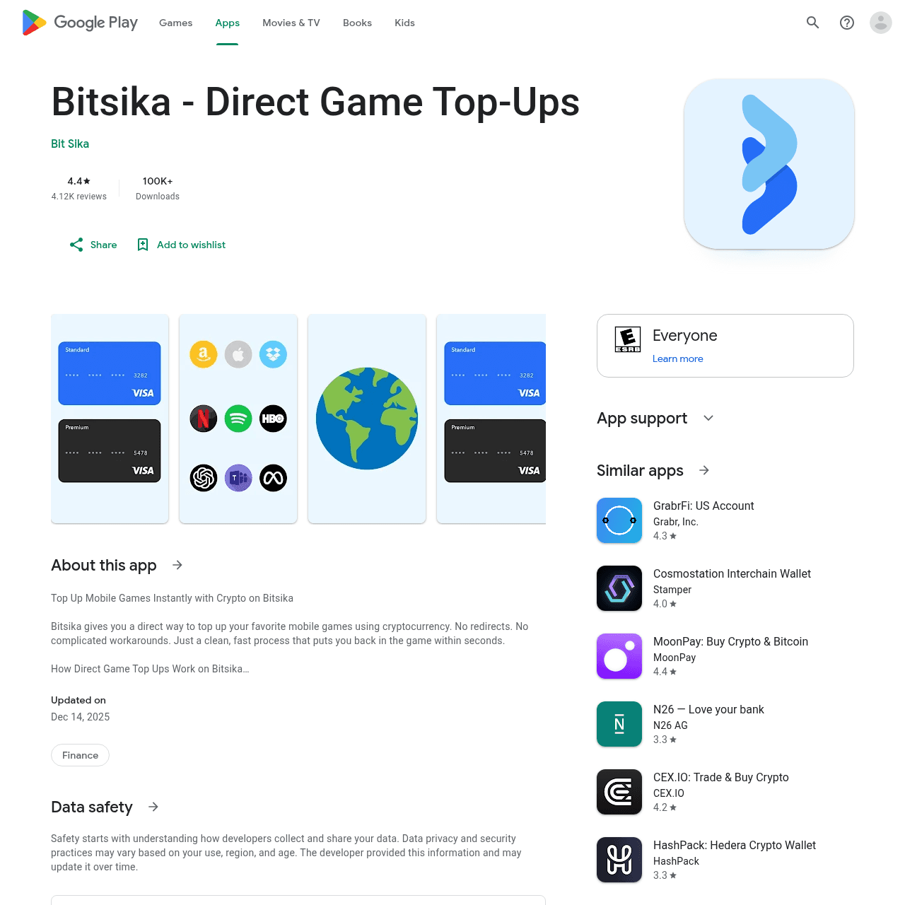 Bitsika Google Play Store listing showing 4.4 star rating and direct game top-ups feature