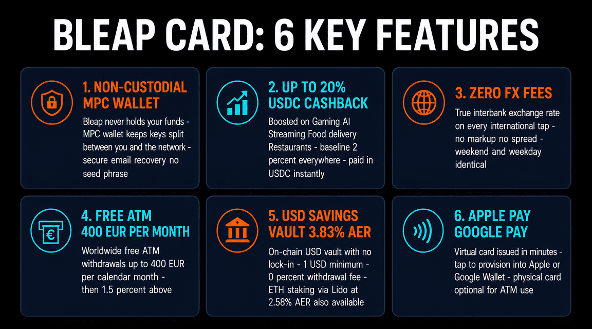 Bleap Card 6 key features: non-custodial MPC wallet, 20 percent USDC cashback, zero FX, free ATM, USD savings 3.83 percent, Apple Pay Google Pay