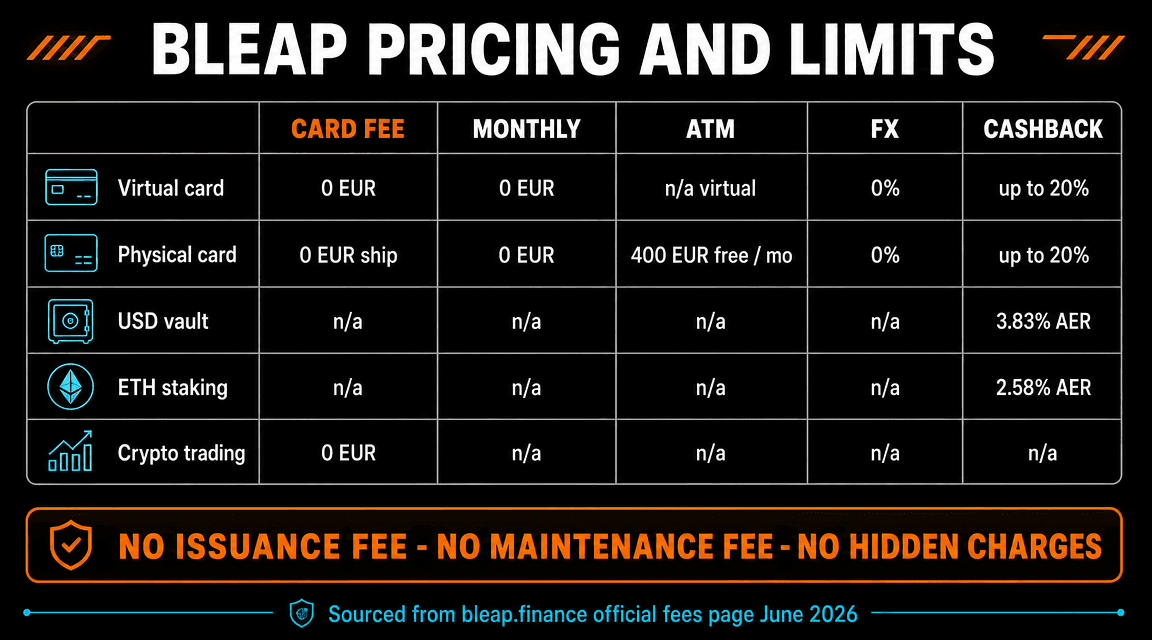 Bleap Card pricing and limits showing zero issuance fee zero monthly fee zero FX up to 20 percent cashback 3.83 percent USD vault