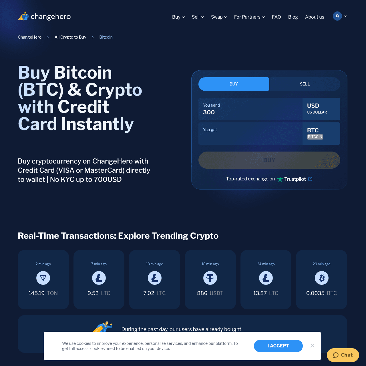 ChangeHero homepage showing instant Bitcoin purchase with credit card and no KYC