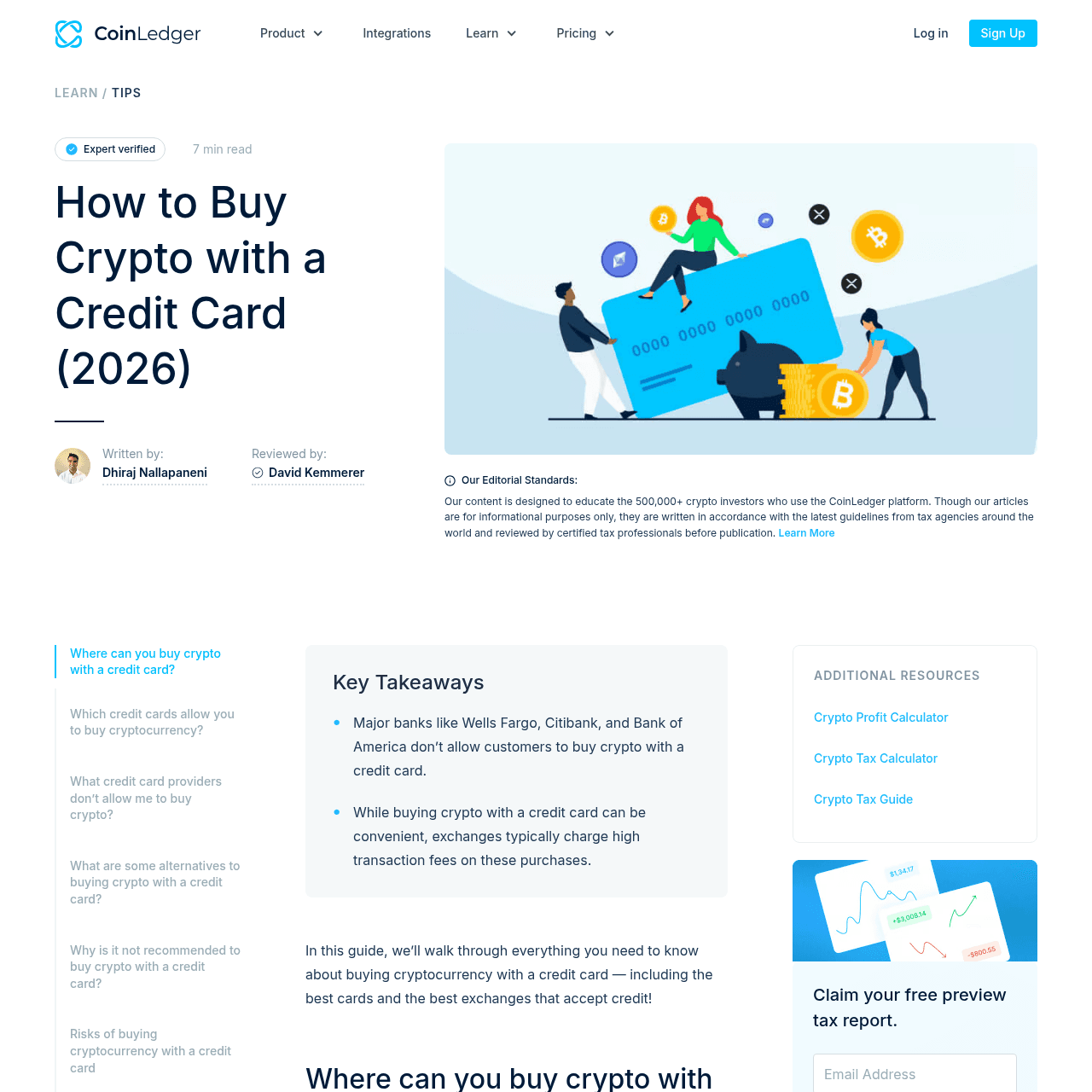 CoinLedger guide to buying crypto with credit card showing 2026 platform comparison