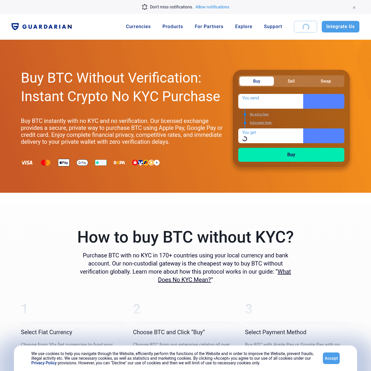 Guardarian no-KYC Bitcoin purchase landing page showing 1000+ coin support and no verification required