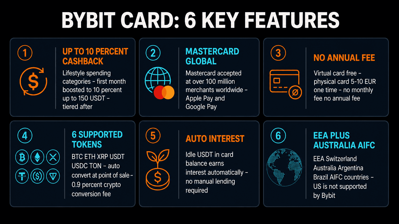 Bybit Card 6 key features: 10 percent cashback, Mastercard global, no annual fee, 6 supported tokens, auto interest, EEA Australia AIFC