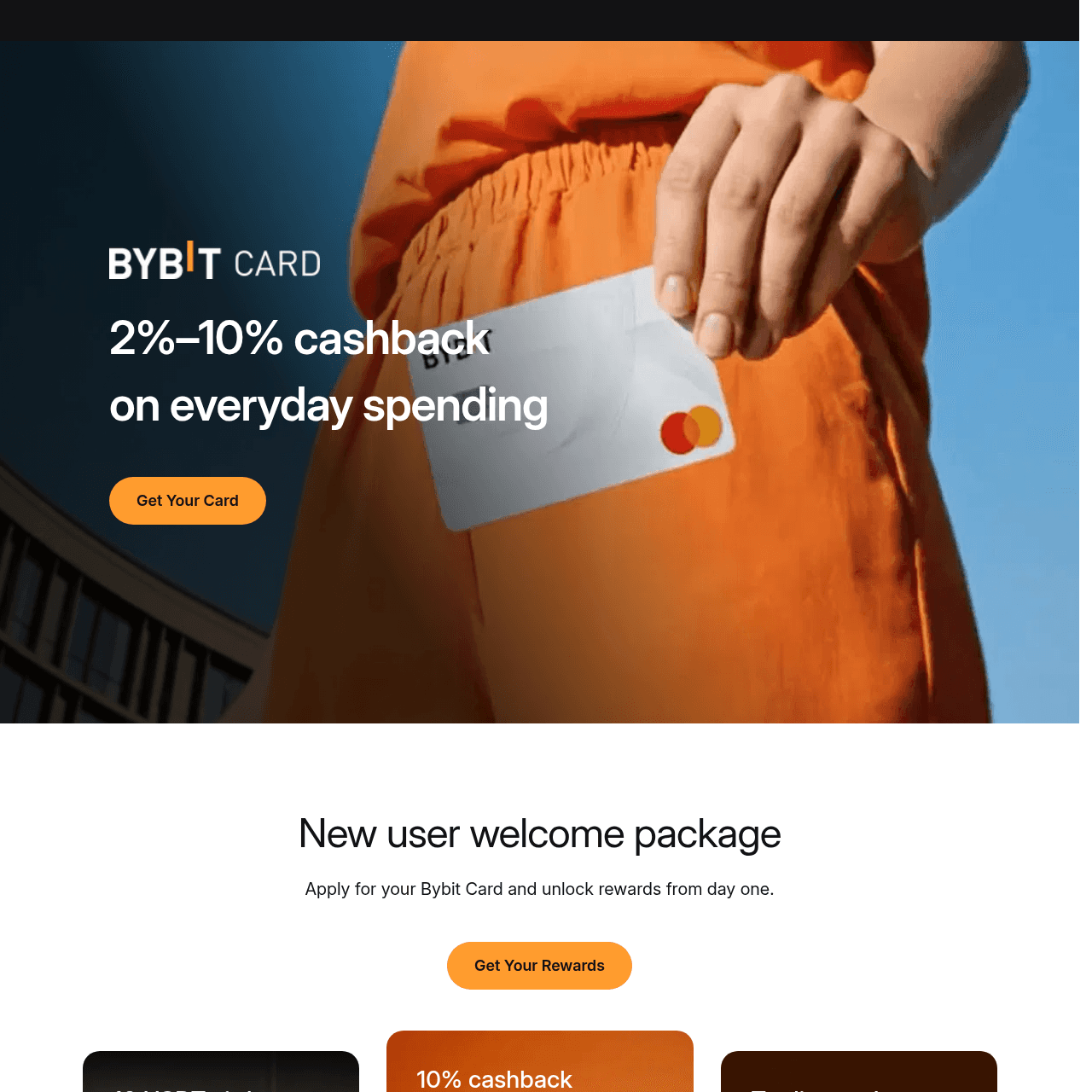 Bybit Card homepage showing 2-10 percent cashback Mastercard with USDT settlement