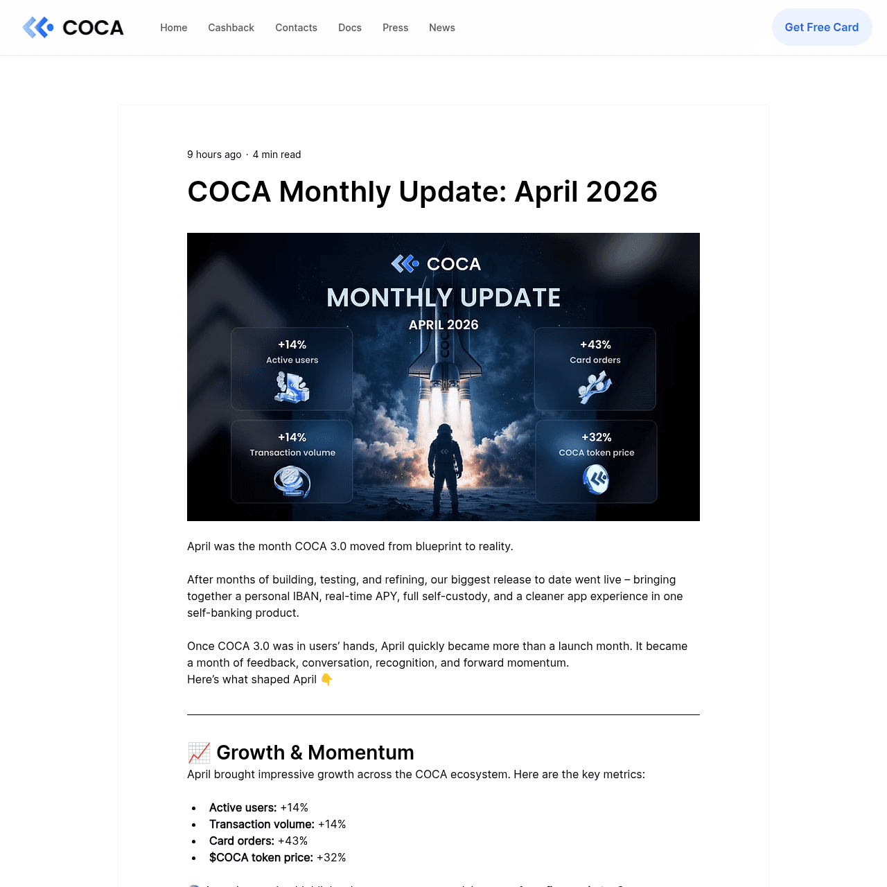 COCA 3.0 monthly update April 2026 with EUR IBAN, real-time APY, and full self-custody features