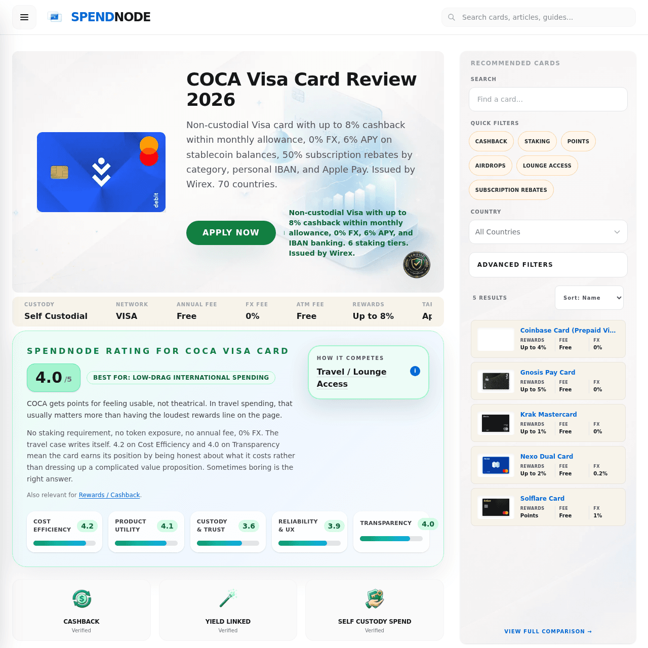 SpendNode independent review of COCA Card showing 4.0/5 rating and real user scenarios