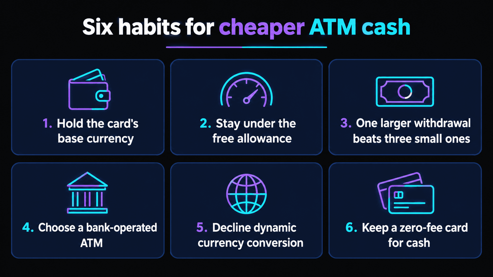 Infographic of six habits for cheaper ATM cash with a crypto card: hold the card base currency, stay under the free allowance, one larger withdrawal beats three small ones, choose a bank-operated ATM, decline dynamic currency conversion, keep a zero-fee card for cash