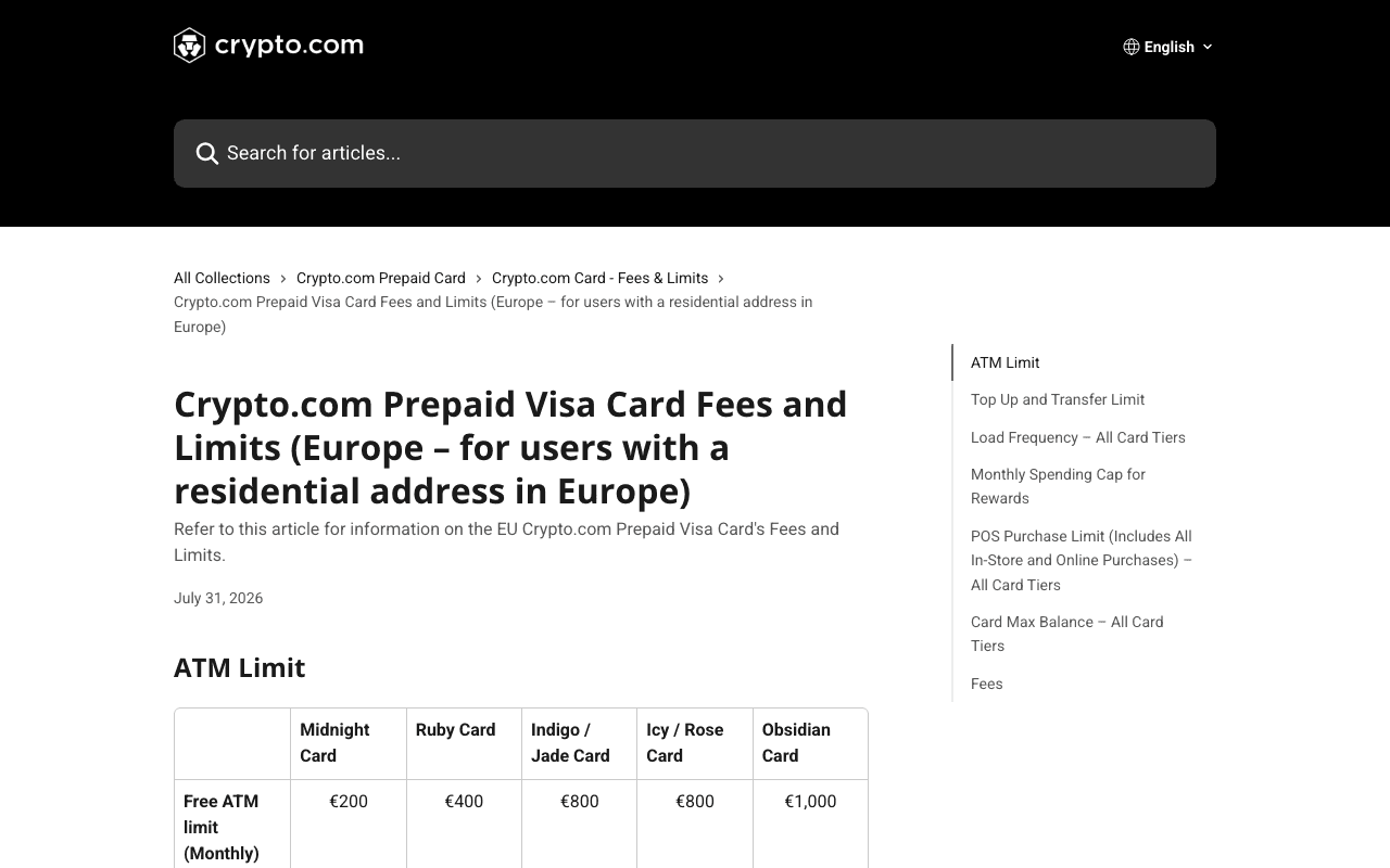 Screenshot of the Crypto.com help centre article on prepaid Visa card fees and limits for Europe, showing the ATM limit table with free monthly ATM limits of 200 euros for Midnight, 400 euros for Ruby, 800 euros for Indigo, Jade, Icy and Rose, and 1,000 euros for Obsidian