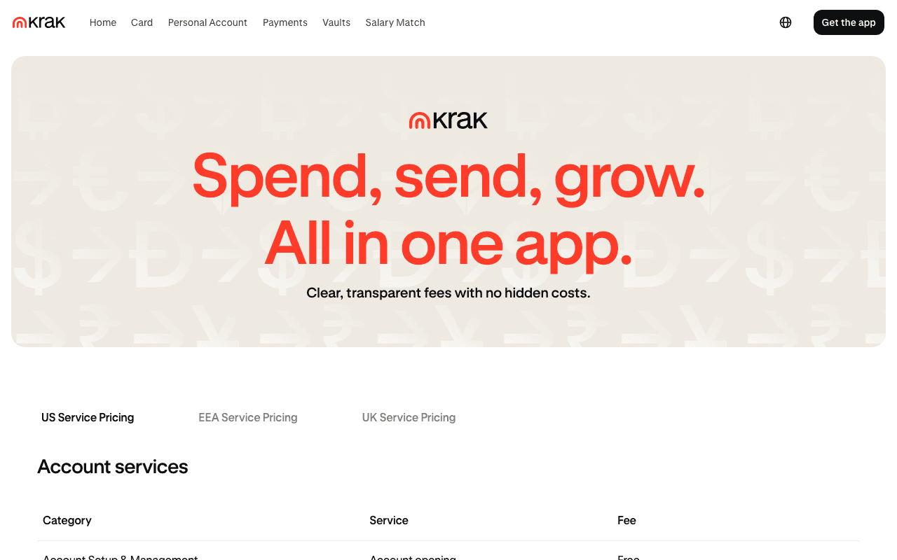 Screenshot of the Krak pricing page from Kraken, headed Spend, send, grow, all in one app, with tabs for US, EEA and UK service pricing and the account services fee table