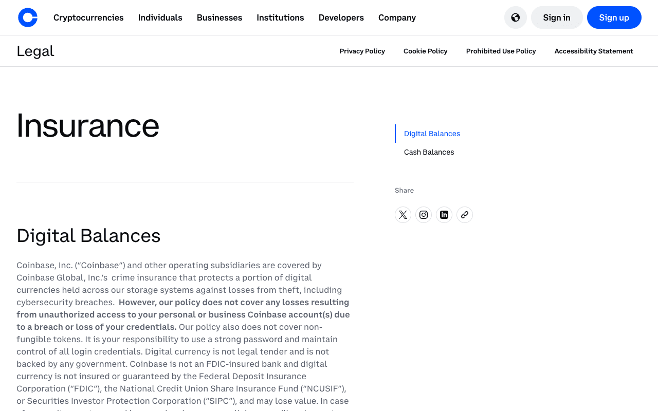 Coinbase legal insurance page under the heading Digital Balances, stating that Coinbase is not an FDIC-insured bank and that digital currency is not insured or guaranteed by the Federal Deposit Insurance Corporation, the National Credit Union Share Insurance Fund or the Securities Investor Protection Corporation, and may lose value