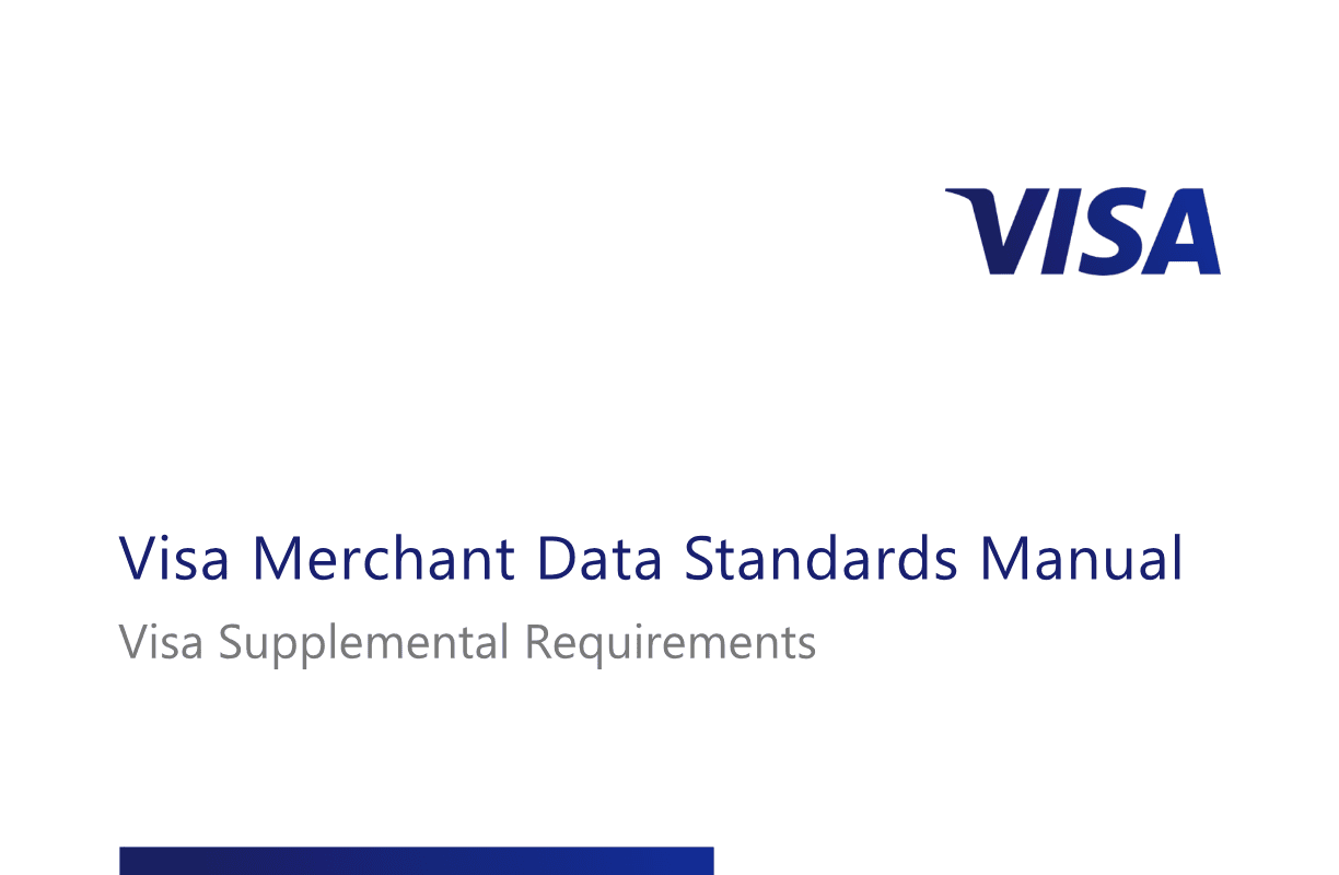 Screenshot of the cover of the Visa Merchant Data Standards Manual, subtitled Visa Supplemental Requirements and dated April 2026, marked Visa Public