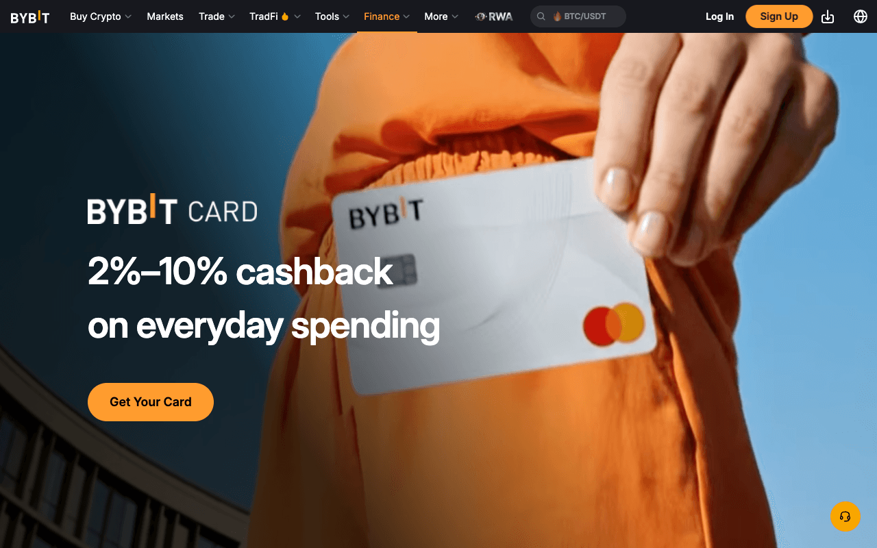 Screenshot of the Bybit Card landing page headed 2 percent to 10 percent cashback on everyday spending, with a Get Your Card button and no mention of a cashback cap or a qualifying spend