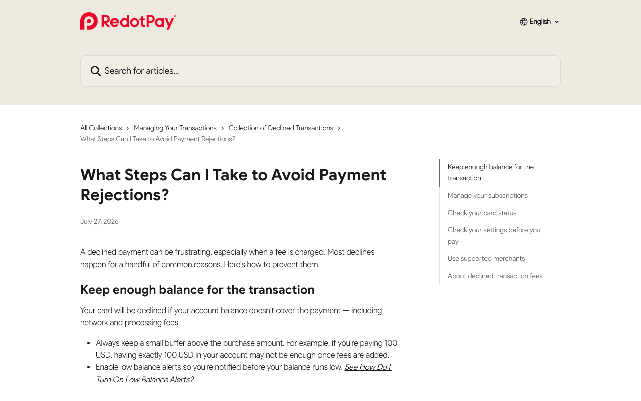 RedotPay help centre article titled What Steps Can I Take to Avoid Payment Rejections, showing the Keep enough balance for the transaction section stating a card is declined if the balance does not cover the payment including network and processing fees