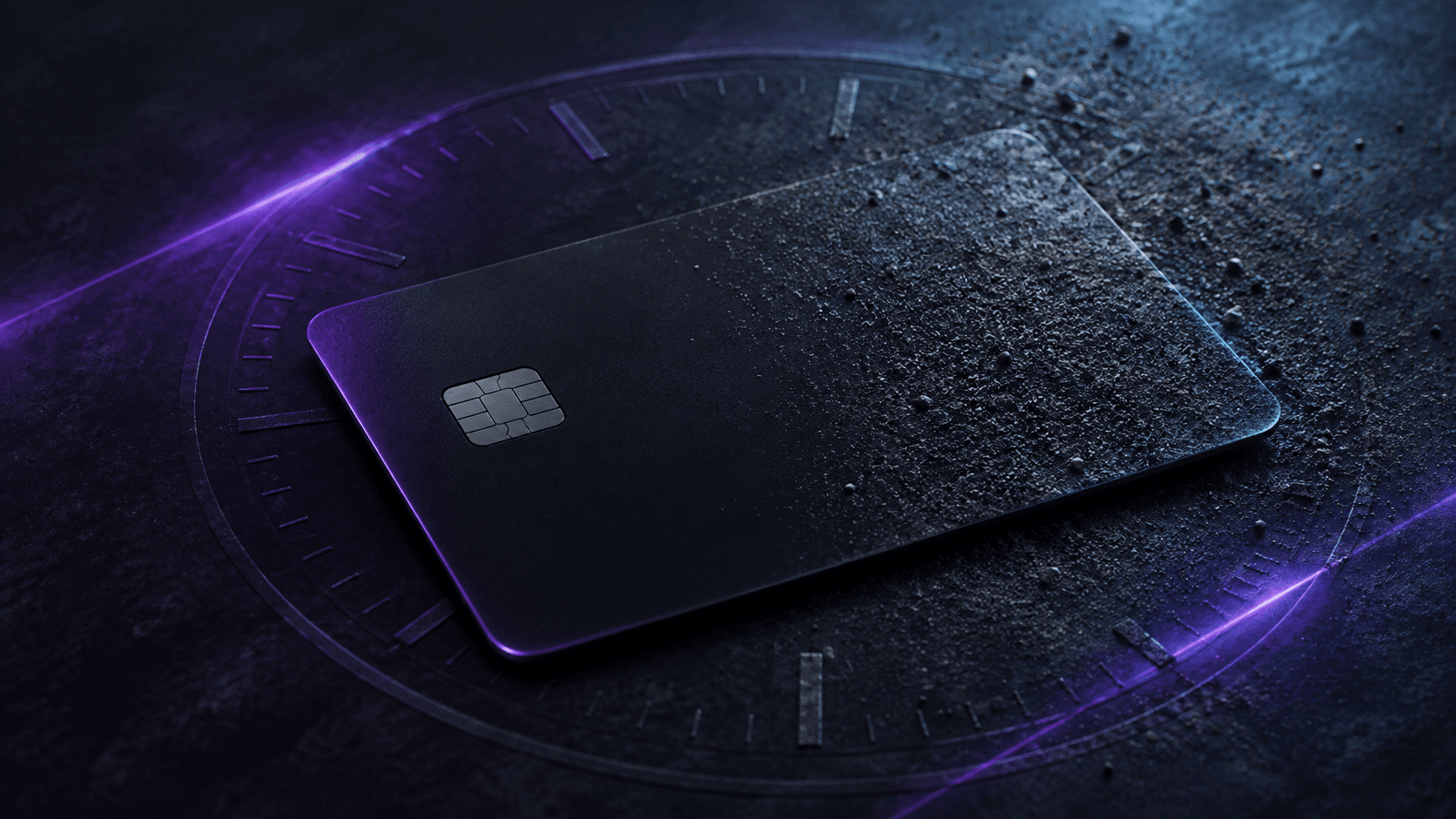 A matte black payment card lying face down and half covered in dust on a dark surface, a faint clock dial etched into the surface beneath it and thin violet light streaks across the frame