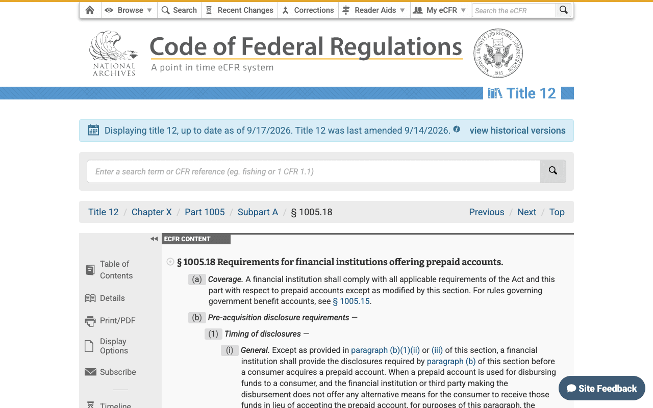 The eCFR page for 12 CFR 1005.18, Requirements for financial institutions offering prepaid accounts, showing paragraph (a) coverage and paragraph (b) pre-acquisition disclosure requirements