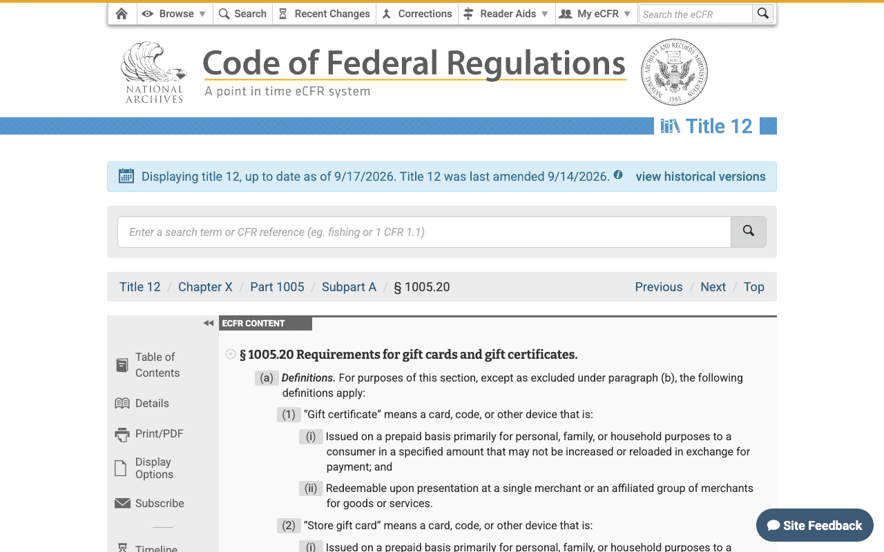 The eCFR page for 12 CFR 1005.20, Requirements for gift cards and gift certificates, displaying title 12 as up to date as of 17 September 2026, with the paragraph (a) definitions of gift certificate and store gift card visible