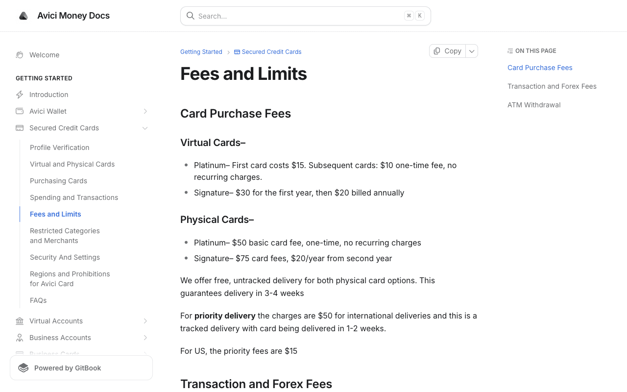 Screenshot of the Avici Money docs Fees and Limits page listing Platinum virtual cards at $15 for the first card and $10 after, Signature at $30 for the first year then $20 annually, physical cards at $50 Platinum and $75 Signature, free untracked delivery in three to four weeks and $50 priority international delivery