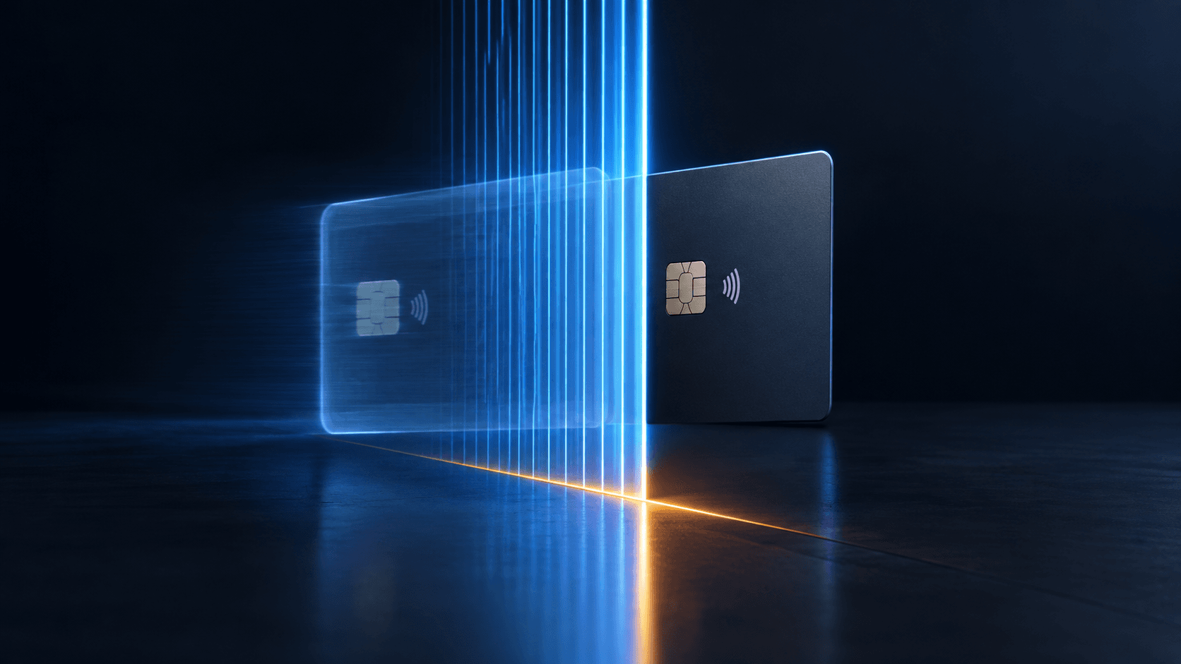 A plain matte payment card standing on edge and passing through a vertical gate of thin blue scanning beams; on the near side of the gate the card is translucent and ghostly, on the far side it is crisp and solid, with a single warm amber line marking the threshold