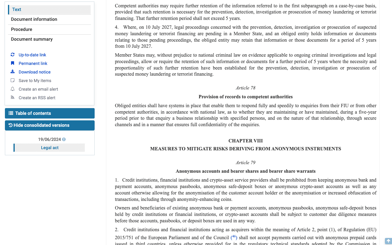 EUR-Lex text of Regulation (EU) 2024/1624 at Chapter VIII, Measures to mitigate risks deriving from anonymous instruments, showing Article 79 headed Anonymous accounts and bearer shares and bearer share warrants, with paragraph 1 prohibiting anonymous crypto-asset accounts and any account otherwise allowing for the anonymisation of the customer account holder, the second sentence subjecting owners of existing anonymous accounts to due diligence before those accounts are used in any way, and paragraph 2 beginning the acquirer prohibition