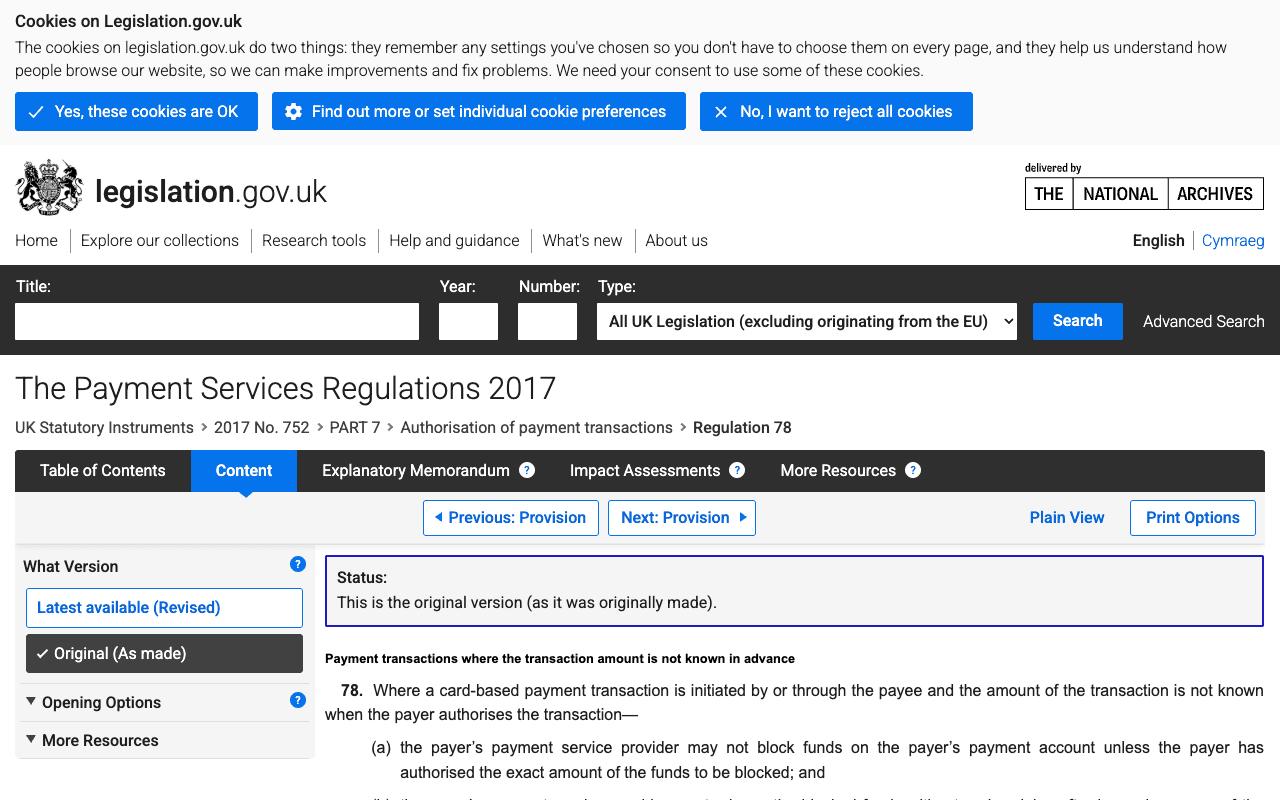 Screenshot of legislation.gov.uk showing regulation 78 of the Payment Services Regulations 2017, headed Payment transactions where the transaction amount is not known in advance, with limb (a) stating that the payer's payment service provider may not block funds on the payer's payment account unless the payer has authorised the exact amount of the funds to be blocked