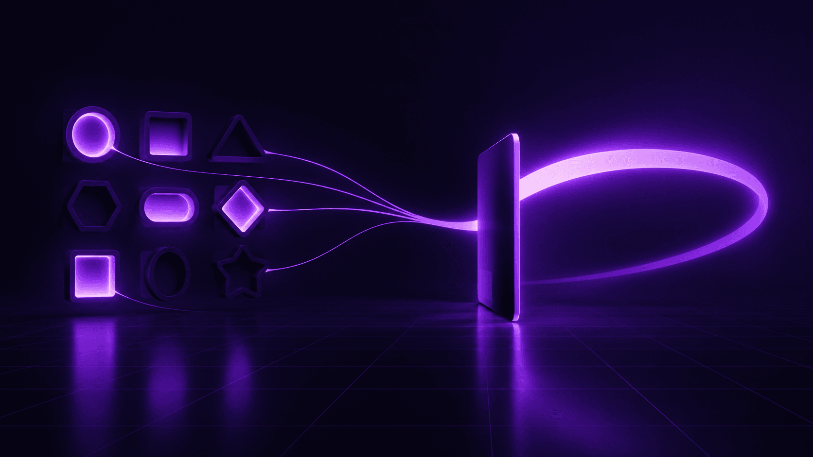 A payment card shown edge-on in violet light with a bright ribbon of light leaving it to the right, arcing round and returning noticeably thinner to a bank of nine differently shaped receiving slots on the left, only five of which are lit