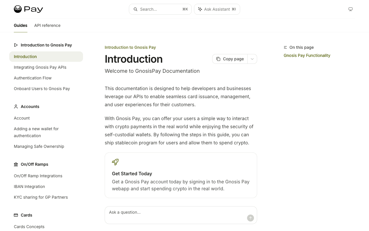 Screenshot of the Gnosis Pay documentation introduction page, with a sidebar listing Accounts, On and Off Ramps and Cards sections including Cards Concepts