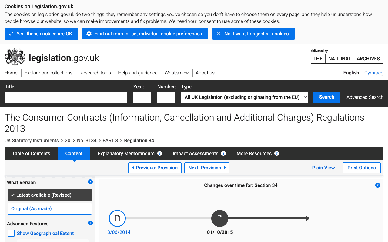 Screenshot of legislation.gov.uk showing The Consumer Contracts (Information, Cancellation and Additional Charges) Regulations 2013, with the breadcrumb UK Statutory Instruments, 2013 No. 3134, PART 3, Regulation 34, and a changes-over-time panel dated 13 June 2014 and 1 October 2015