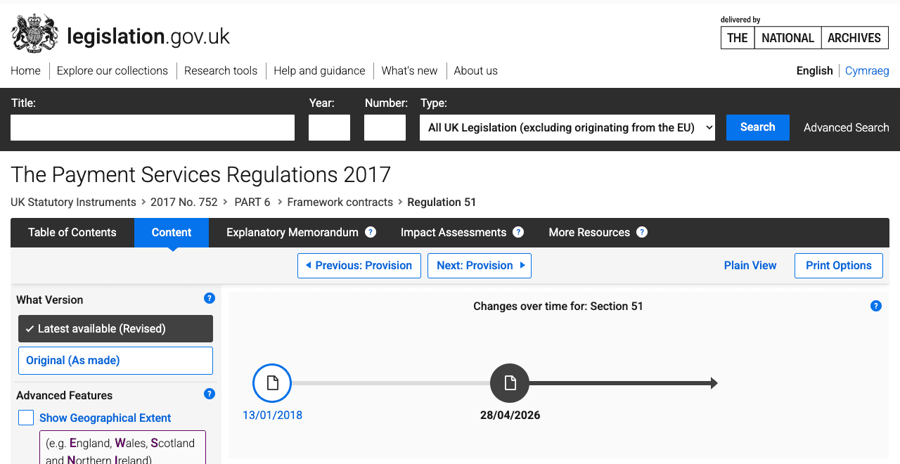 Screenshot of legislation.gov.uk showing The Payment Services Regulations 2017, Part 6, Framework contracts, Regulation 51, with a changes-over-time timeline marking the original version of 13 January 2018 and a substitution dated 28 April 2026