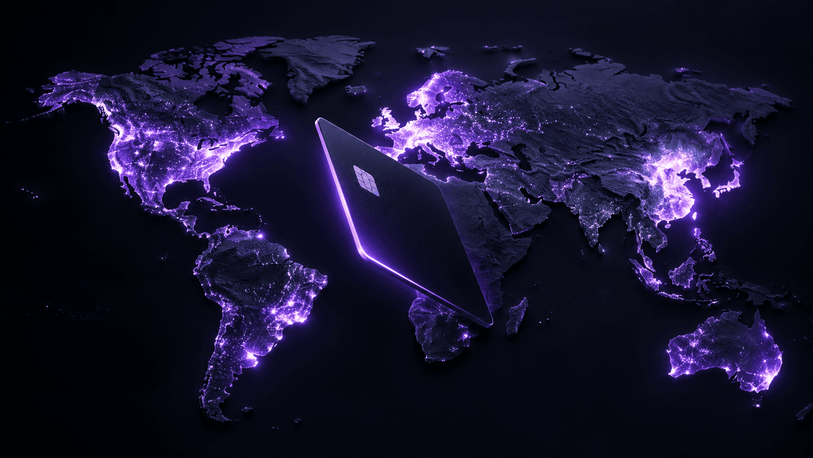 A dark world map with some regions lit in violet and others left cold and unlit, a single matte payment card floating edge-on above it catching purple rimlight