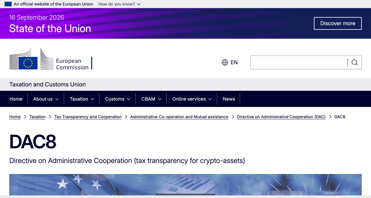 The European Commission Taxation and Customs Union page for DAC8, the Directive on Administrative Cooperation covering tax transparency for crypto-assets
