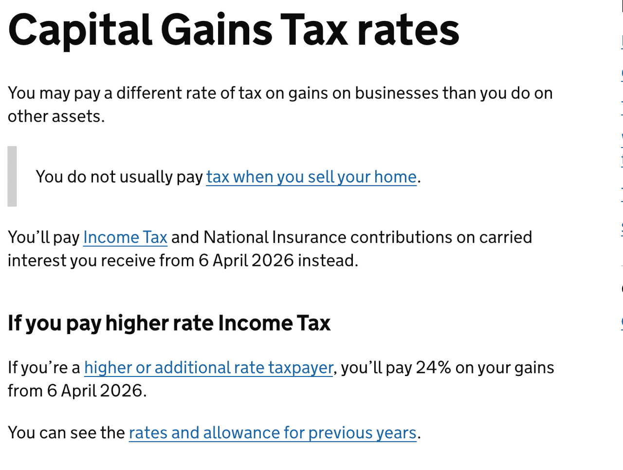 The GOV.UK Capital Gains Tax rates page, showing under the heading If you pay higher rate Income Tax that a higher or additional rate taxpayer pays 24 percent on gains from 6 April 2026