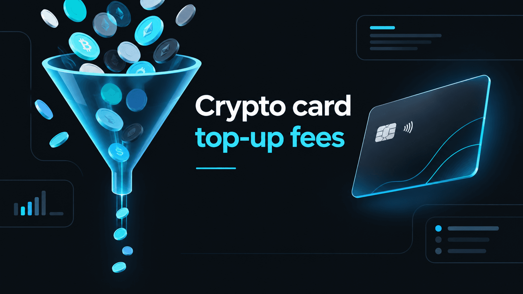 A glowing blue funnel on a dark background with crypto coin discs pouring in wide at the top and leaving as a thin stream at the bottom, a few discs spilling over the rim, beside a sleek dark payment card