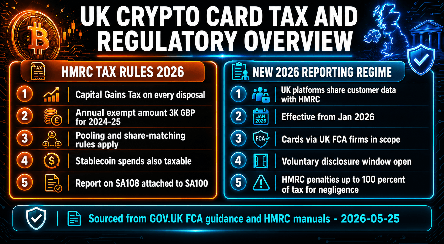 UK crypto card tax and regulatory overview showing HMRC rules and 2026 reporting regime