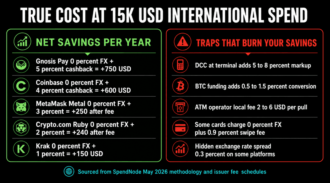 True cost at 15K USD international spend - net savings versus traps that burn cashback