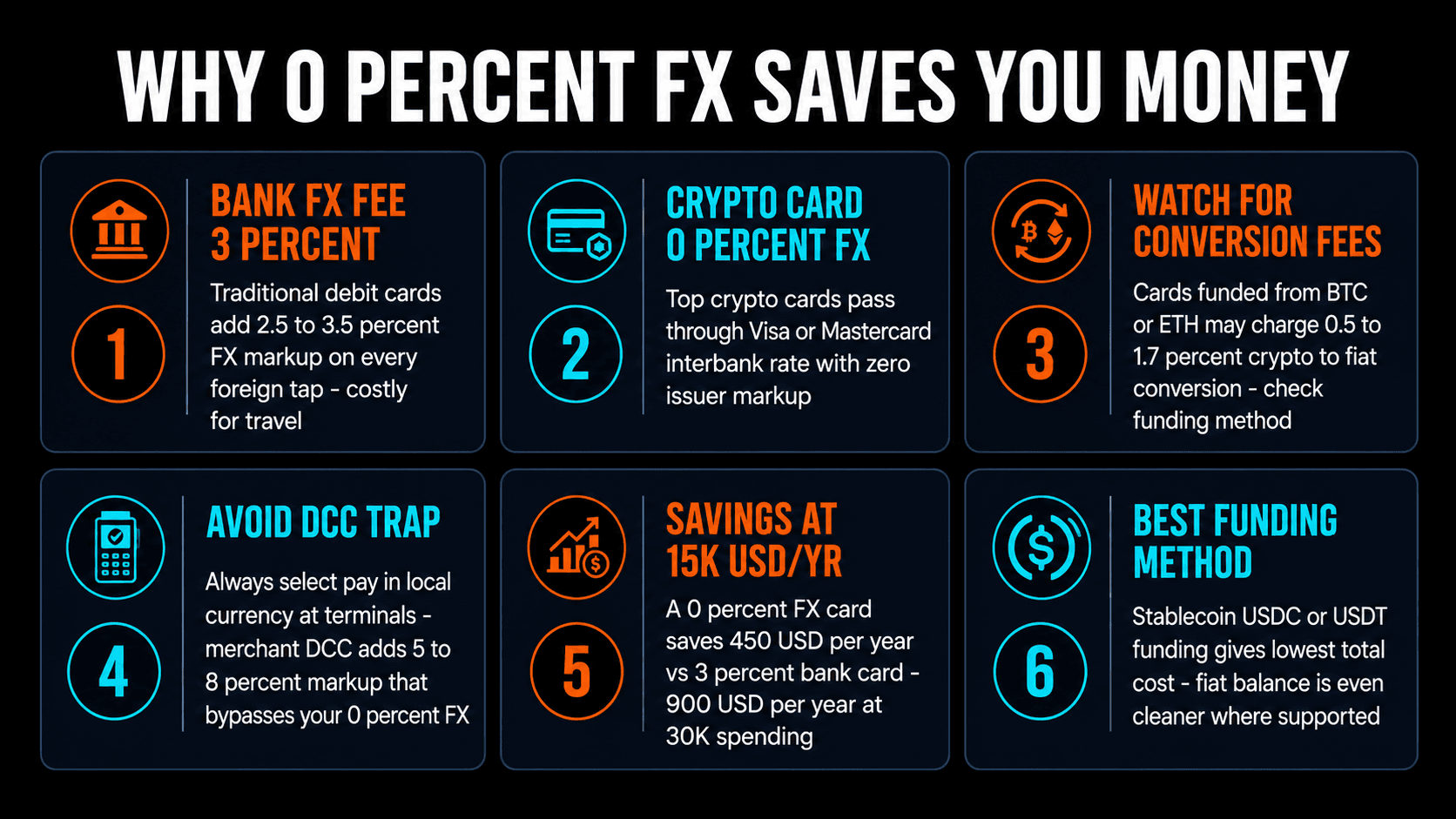Six reasons foreign transaction fees on crypto cards matter - bank fees, FX markup, conversion costs, DCC trap, savings math