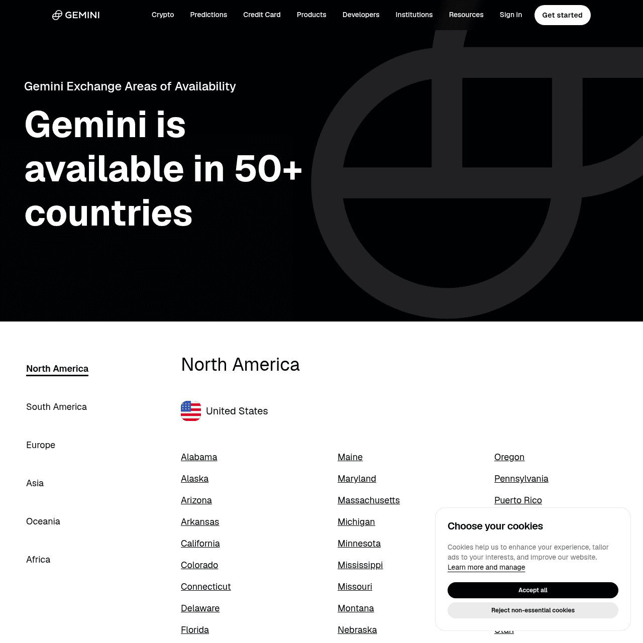 Gemini Credit Card availability map showing all 50 US states plus Puerto Rico